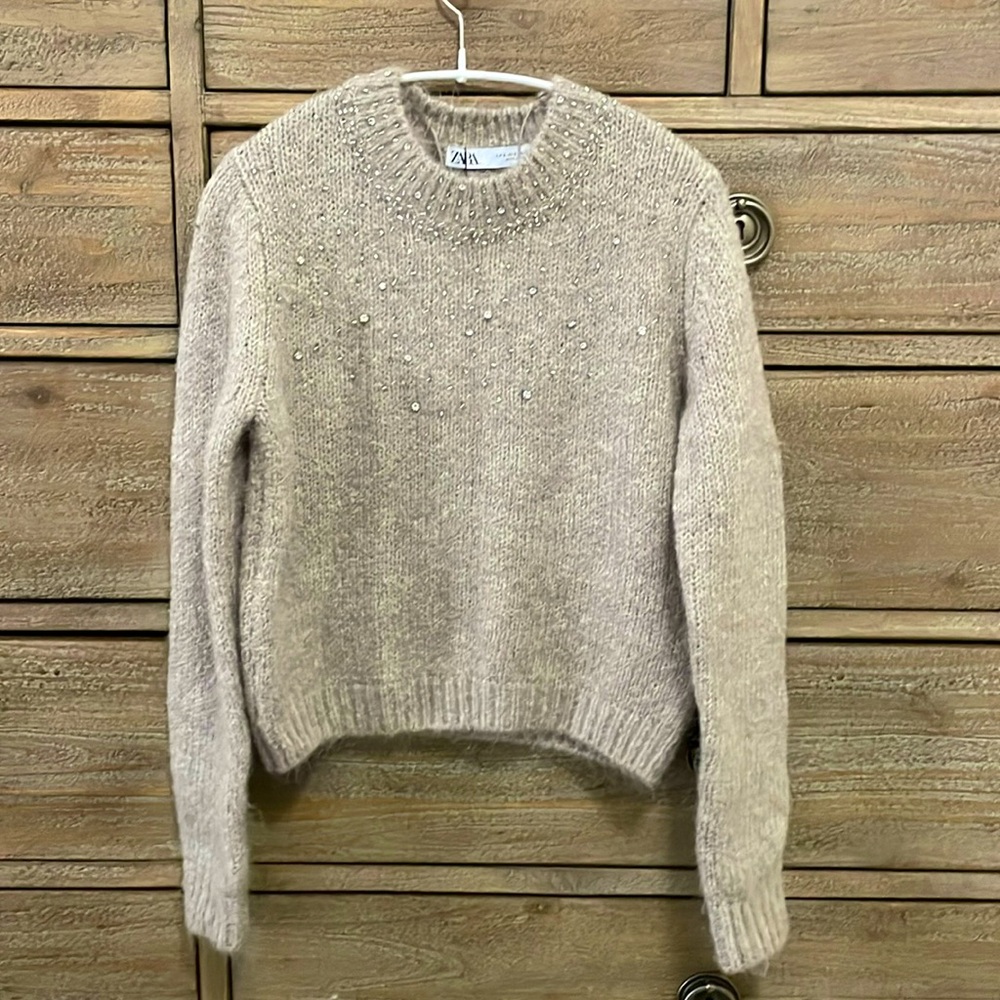 NWT Zara cream rhinestone encrusted sweater small